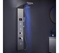 MENATT Pannelli doccia a LED, sistema a torre, colonna 5 in 1 per doccia da bagno SUS304, soffione doccia a pioggia e cascata, getti di massaggio, beccuccio per vasca, doccia palmare (spazzolata)