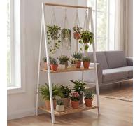 Mendler Scaffale per Piante in bambù HWC-Q32, Scala Supporto per Fiori, scaffale da Bagno, 2 Ripiani, 130x70x44 cm - Bianco