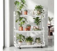 Mendler Scaffale per Piante in bambù HWC-Q33, Scala Mobile Supporto per Fiori, 3 Ripiani, rotelle, 105x90x38 cm - Bianco