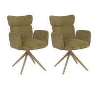 Mendler Set 2 sedie sala pranzo HWC-N11, girevole posizionamento automatico, bouclé 350g/m² - verde oliva, gambe color legno