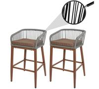 Mendler Set 2 sgabelli bar Rope HWC-O22, con cuscino esterno, intreccio corda elastica effetto legno - grigio, cuscino taupe