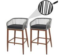 Mendler Set 2 sgabelli bar Rope HWC-O22, con cuscino esterno, intreccio corda elastica effetto legno - grigio, grigio scuro