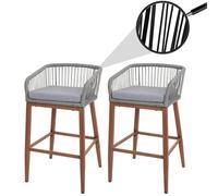 Mendler Set 2 sgabelli bar Rope HWC-O22, con cuscino esterno, intreccio corda elastica efftto legno - grigio, cuscino grigio