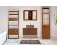 Mendler Set da bagno HWC-M86, mobile lavabo, 2 scaffali alti, armadietto con specchio, tappetino, teak di alta qualità classe B