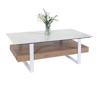 Mendler Tavolino salotto divano HWC-L88 43x120x60cm pietra sinterizzata MDF gambe bianche legno chiaro effetto marmo bianco