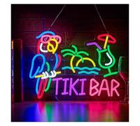 MENGE Lampada segnaletica Insegna Al Neon Tiki Bar Con Pappagallo E Palma, Luce LED Dimmerabile Per Bar, Pub, Spiaggia, Feste, Caverna Dell'uomo, Decorazione Da Parete 42cmx32cm