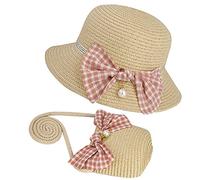 MengH-SHOP Cappello da Sole per Bambina Cappello di Paglia Cappello da Spiaggia Estivo e Mini Set di Borse con Decorazione a Fiocco per Viaggio Vacanze attività All'aperto (Beige)