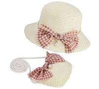 MengH-SHOP Cappello da Sole per Bambina Cappello di Paglia Cappello da Spiaggia Estivo e Mini Set di Borse con Decorazione a Fiocco per Viaggio Vacanze attività All'aperto (Bianco Latte)