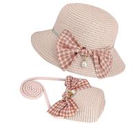 MengH-SHOP Cappello da Sole per Bambina Cappello di Paglia Cappello da Spiaggia Estivo e Mini Set di Borse con Decorazione a Fiocco per Viaggio Vacanze attività All'aperto (Rosa)