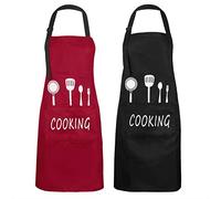 MengH-SHOP Grembiule da Cucina Impermeabile con 2 Tasche Uomo Donna Regolabile Grembiule da Chef per Cucina Ristorante Barbecue Giardinaggio Artigianale Cottura 2 Pezzi (Rosso e Nero)
