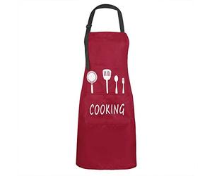 MengH-SHOP Grembiule da Cucina Impermeabile con 2 Tasche Uomo Donna Regolabile Grembiule da Chef per Cucina Ristorante Barbecue Giardinaggio Artigianale Cottura (Rosso)