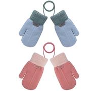 MengH-SHOP Guanti da Maglia da Bambini Manopole Invernali in Caldo Peluche Elasticizzati Guanti Invernali con Cordino per Ragazzi e Ragazze da 3 a 6 Anni 2 Paia (Blu e Rosa)