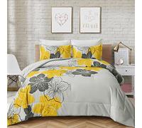 Menghomeus Set di biancheria da letto king size, motivo floreale giallo e grigio, in morbida microfibra, leggero, stile bohémien, per tutte le stagioni (1 piumino, 2 federe)