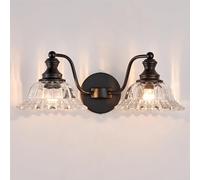Mengjay Applique da Parete Interno Vintage con Paralume in Vetro,Luce Specchio Bagno,Applique Bagno Parete Industriale Stile,G9 Lampada da Parete in Metallo per Camera da Letto (Nero, 2 Luci)