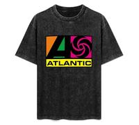 MENGJI Unisex T-Shirt Vintage Atlantic Records Symbolic Coloful Logo 100% Cotton Round Neck Black S