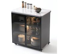 MENGLI-2024 Tavolo ad Isola Carrello for Isola da Cucina con rotelle, mobiletto portaoggetti e Ruote, Ante in Vetro Parte Superiore in Pietra(Grijs,Piccolo)