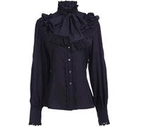 MENGQING Camicette Casual Vintage Victorian Era Gothic Slim Retro Lolita Punk Maniche Lunghe Camicie Lotus Pieghe Top Donne Vestiti-Nero, L