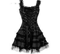 MENGQING Vintage Plaid Bandage Gotico Donne A-line Abiti Grunge Estetico Pizzo Trim Patchwork Mini Abito Punk Sexy-Nero, M