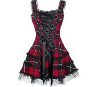 MENGQING Vintage Plaid Bandage Gotico Donne A-line Abiti Grunge Estetico Pizzo Trim Patchwork Mini Abito Punk Sexy-Rosso,S
