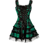 MENGQING Vintage Plaid Bandage Gotico Donne A-line Abiti Grunge Estetico Pizzo Trim Patchwork Mini Abito Punk Sexy-Verde, S