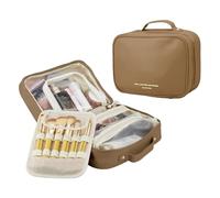 MENRU Borsa da viaggio per trucchi di grande capacità, organizer per cosmetici in pelle impermeabile, con porta pennelli e manico, borsa portatile per cosmetici, regalo per donne e ragazze, Marrone