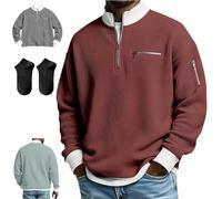 Men's Casual Fashion Up Collar Contrasting Zipper Sweatshirt,Waffle Half-Zip Stand Collar Pullover Sweater,Loose Simple Top (IT, Testo, XXL, Regular, Regular, Red)