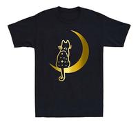 Men's Cat in The Moon Funny Cat Lovers Gift Golden Print Novelty T-Shirts Black L