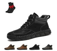 Men's Comfortable Handmade Leather Boots, Men's Slip-On Orthopedic Leather Boots, Waterproof Toe Box Shoes(Black,42 EU)