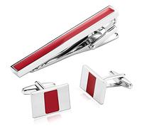 Mens Cufflinks and Tie Clip Set, Silver Red Stainless Steel Bow Tie Clips Rectangle Cufflinks Suit Accessories Men Gifts for Men Tie Accessories