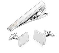 Mens Cufflinks and Tie Clip Set, Silver Stainless Steel Tie Clips Rectangle Cufflinks Suit Accessories Men Birthday Gifts for Men Tie Accessories