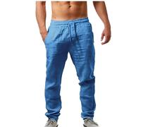 Mens Elastic Waist Casual Trousers Linen Look Solid Colour Breathable Loose Fit Long Pants Relaxed Holiday Beach Travel Everyday Wear, 02-Blue, XXL