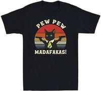 Men's Funny Vintage Cat Pew Pew Madafakas Retro Cotton Navy Black T-Shirts Black 3XL