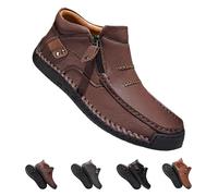 Men's Handmade Premium Leather Slip-On Driving Boots, The First Young Shoes Men Side Zipper Wide Toe, Arch Support & Non-Slip Sole (Dark Brown,46)