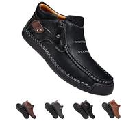 Men's Handmade Premium Leather Slip-On Driving Boots, The First Young Shoes Men Side Zipper Wide Toe, Arch Support & Non-Slip Sole (Black,39)