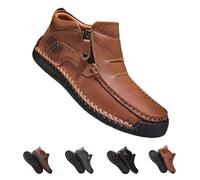 Men's Handmade Premium Leather Slip-On Driving Boots, The First Young Shoes Men Side Zipper Wide Toe, Arch Support & Non-Slip Sole (Light Brown,44)