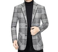 Mens Korean Style Blazers Gray Checkered Two Button Slim Fit Suit Jacket Autumn Casual Wear and Fashion Suit(M)