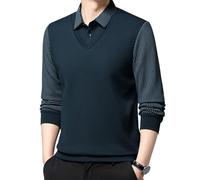 Men's Lapel Faux Two-Piece Warm Top,Fake Two Piece Sweater Lapel Casual Men's Top,Striped Long Sleeve Polo Shirts (4XL,Cyan)