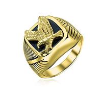 Mens Large Statement Black Patriotic USA Flying American Bald Eagle Square Signet Ring for Men Gold Plated Stainless Steel