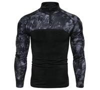 Mens Long Sleeve Pullover Camo Quarter Zip Stand Collar Shirt (Black,S)