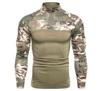 Mens Long Sleeve Pullover Camo Quarter Zip Stand Collar Shirt (Green,S)