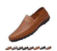 Mens Slip On Leather Loafers, Wide Fit Flat Walking Loafer Shoes, Anti-Slip Driving Moccasins(Brown Hollow,42 EU)