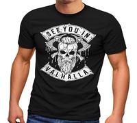 Mens T-Shirt See You in Valhalla Viking Skull Skull Fashion Style Black L
