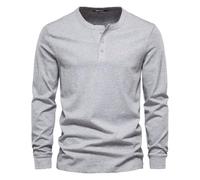 Mens Three Button Henley Shirt Long Sleeve Solid Color Layering Top (Gray,L)