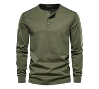 Mens Three Button Henley Shirt Long Sleeve Solid Color Layering Top (Green,M)