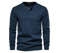Mens Three Button Henley Shirt Long Sleeve Solid Color Layering Top (Navy,M)