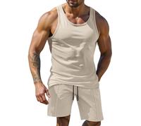 Mens Tute Shirt & Shorts 2Pcs Suit Activewear A Estate Uomo Spiaggia Stile Casual Gilet E Pantaloncini Set Due Pezzi Spiaggia Abbigliamento Outdoor, cachi, L