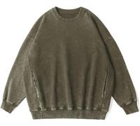 Mens Vintage Acid Wash Felpa Oversize Cotone Baggy Manica Lunga Girocollo Pullover Casual Street Wear, Army Green, M