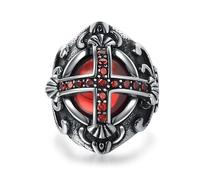 Men's Vintage Ruby Stone Cross Ring, Stainless Steel Silver Black Gothic Biker Signet Ring