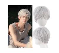 Mens Wig Parrucche corte ricce da 10 cm for uomo, capelli maschili naturali e soffici, fibra sintetica resistente al calore for cuffia for parrucca quotidiana Toupee for Men(Silver White)