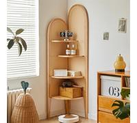 Mensola angolare Alta in Legno con Intreccio in Rattan PE, libreria Multifunzionale a 4 Ripiani, Organizer angolare Alto 70,9", Elegante espositore per l'arredamento della casa (Naturale)